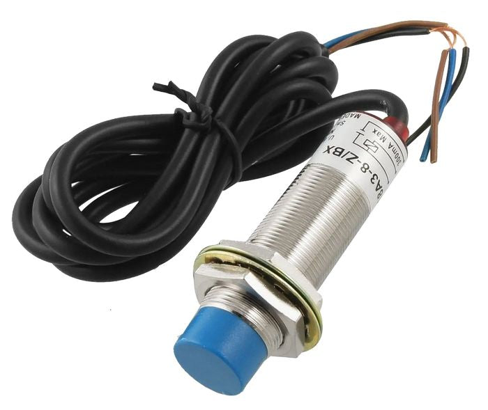 LJ18A3-8-Z/BX 8mm NPN D/o Proximity Sensor - with a metallic cylindrical body, blue plastic tip, black cable, and three exposed wire ends.