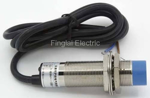 LJ18A3-8-Z/EX Cylinder Proximity Sensor - a metallic cylindrical sensor with a blue tip and a black attached cable, shown with two mounting nuts.