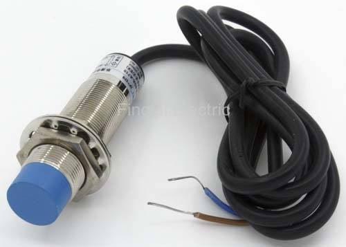 LJ18A3-8-Z/EX Cylinder Proximity Sensor - a metallic threaded cylindrical body with a blue plastic tip and a black two-wire cable.