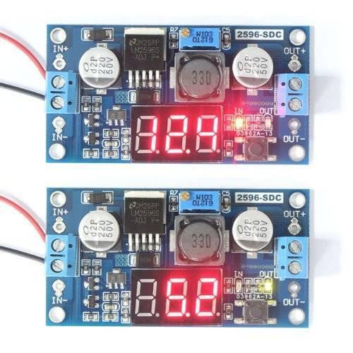 LM2596 2A Buck Step-down Power Converter Module DC 4.0~40 To 1.3-37V LED Voltmeter - two blue circuit boards with red LED displays, screw terminals, and a small button.