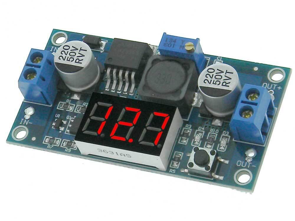 LM2596 2A Buck Step-down Power Converter Module DC 4.0~40 To 1.3-37V LED Voltmeter - a blue circuit board, two terminal blocks, two capacitors, a potentiometer, and a red LED display.