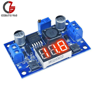 LM2596 2A Buck Step-down Power Converter Module DC 4.0~40 To 1.3-37V LED Voltmeter - a blue circuit board featuring a three-digit red LED display, two screw terminals, two push buttons, and a potentiometer.