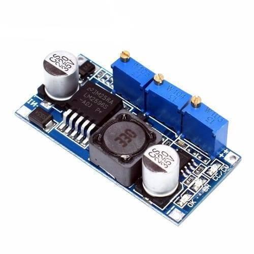 LM2596 DC-DC Step Down Cc Cv Power Supply Module LED Driver Battery Charger Adjustable LM2596S Constant Current Voltage - a blue circuit board with a central black inductor, two silver capacitors, and three blue adjustable potentiometers.