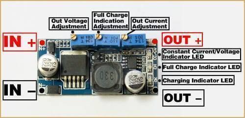 LM2596 DC-DC Step Down Cc Cv Power Supply Module LED Driver Battery Charger Adjustable LM2596S Constant Current Voltage - the blue circuit board with three adjustment potentiometers, two capacitors, an inductor, and three LEDs.