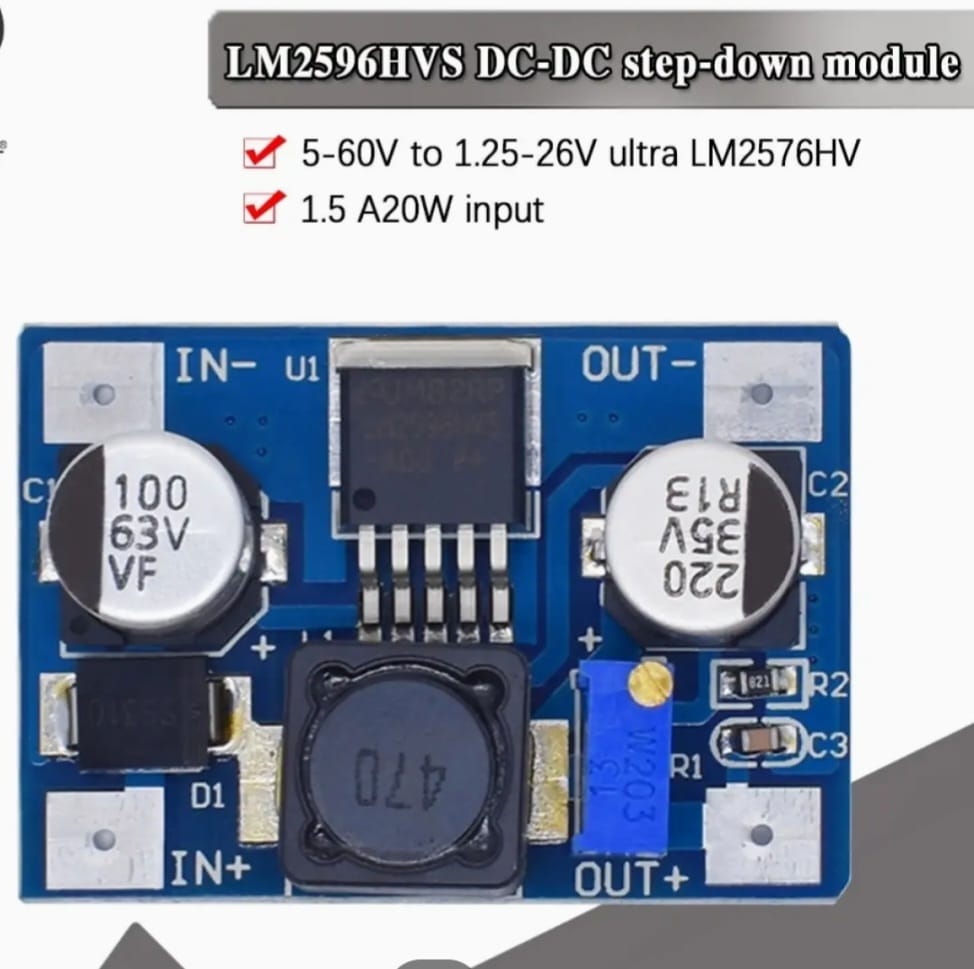 LM2596HV DC-DC Step-down Power Module - a blue rectangular circuit board featuring a central chip, a black inductor, two capacitors, and an adjustable potentiometer.