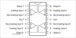 LM2902N Operational Amplifier IC - a 14-pin integrated circuit layout with labels for inputs, outputs, and power supply pins.