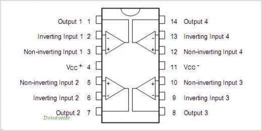 LM2902N Operational Amplifier IC - a 14-pin integrated circuit layout with labels for inputs, outputs, and power supply pins.