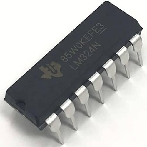 LM324 Quad Op-amp Operational Amplifier IC - a black 14-pin dual in-line package with silver pins and white text reading "85W0KEFE3" and "LM324N" on its top surface.