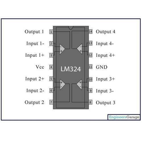 LM324 Quad Op-amp Operational Amplifier IC - a technical diagram showing the 14-pin layout, pin numbers, and internal operational amplifier connections on a grey background.