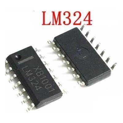 LM324 SMD General Purpose Op Amp IC - two black, rectangular 14-pin surface-mount integrated circuit chips with white text markings.