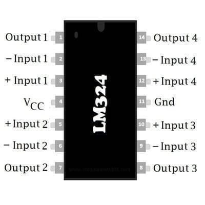 LM324 SMD General Purpose Op Amp IC - shown in a top-down diagram with 14 pins labeled with their corresponding input and output functions.