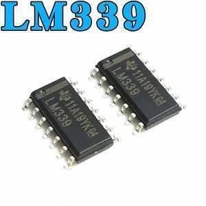 LM339 Quad Comparator SMD - two black, rectangular 14-pin surface-mount integrated circuits labeled "LM339" and "11A19YK G4" on a white background.