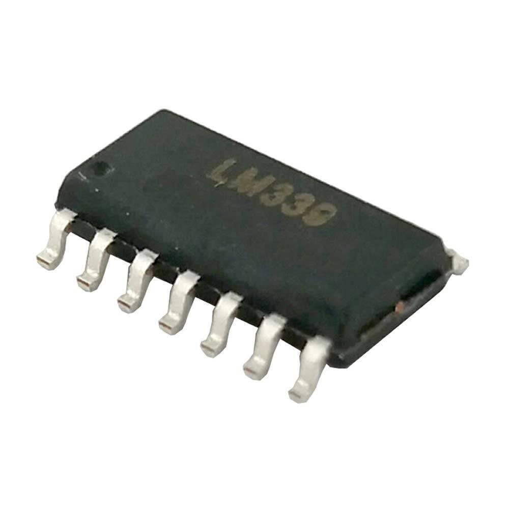 LM339 Quad Comparator SMD - a black, rectangular surface-mount integrated circuit chip with seven visible metal pins along one side.