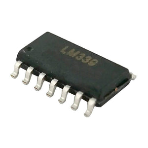 LM339 Quad Comparator SMD - a black, rectangular surface-mount integrated circuit chip with seven visible metal pins along one side.