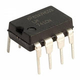 LM741 Operational Amplifier - a black 8-pin integrated circuit chip with silver metal legs, shown from a high-angle perspective.