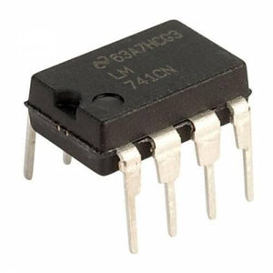LM741 Operational Amplifier - a black 8-pin integrated circuit chip with silver metal legs, shown from a high-angle perspective.