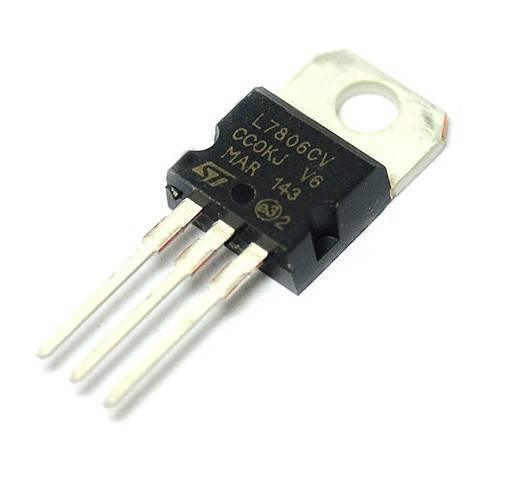 LM7806 - L7806CV, a black three-pin voltage regulator component with a metal mounting tab and printed text, shown from an angled perspective.