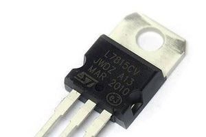 LM7815 Voltage Regulator - a black three-terminal electronic component in a TO-220 package with a metal heat sink tab and printed text.