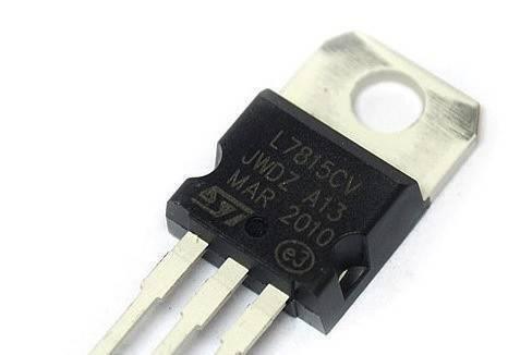 LM7815 Voltage Regulator - a black three-terminal electronic component in a TO-220 package with a metal heat sink tab and printed text.