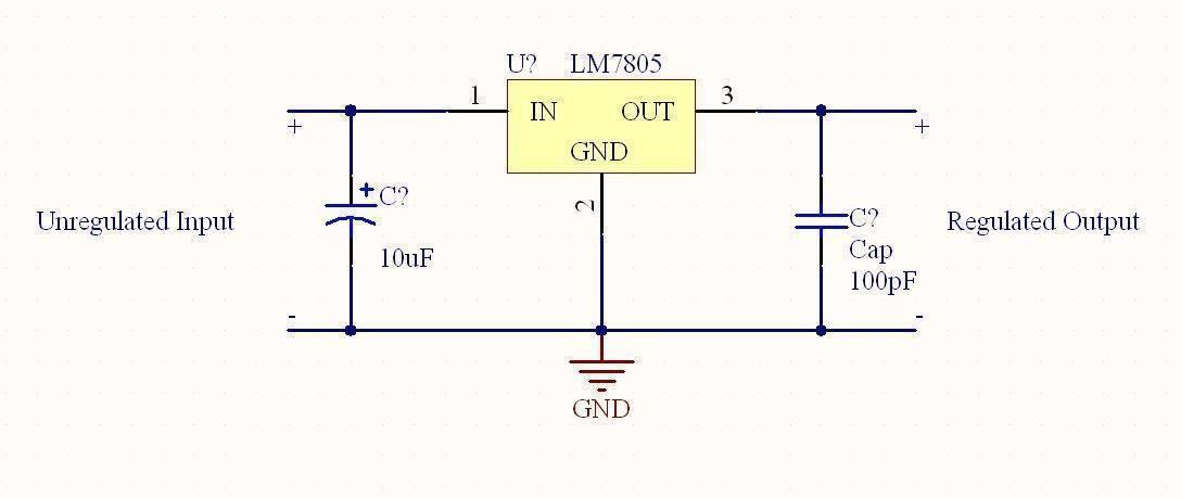 LM7815 Voltage Regulator - an LM7805 chip, a 10uF capacitor, a 100pF capacitor, and ground connections.