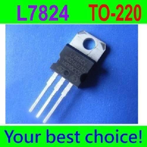 LM7824 Voltage Regulator - in a black TO-220 package with three metal pins, shown against a blue background with digital text overlays.