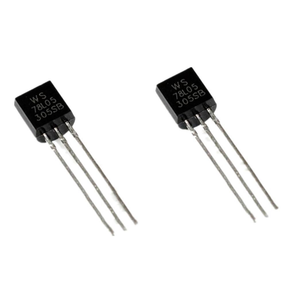 LM78L05 78L05 Voltage Regulator 5V Voltage Regulator TO-92 - two black TO-92 package electronic components with three metal pins each, labeled "WS 78L05 305SB".