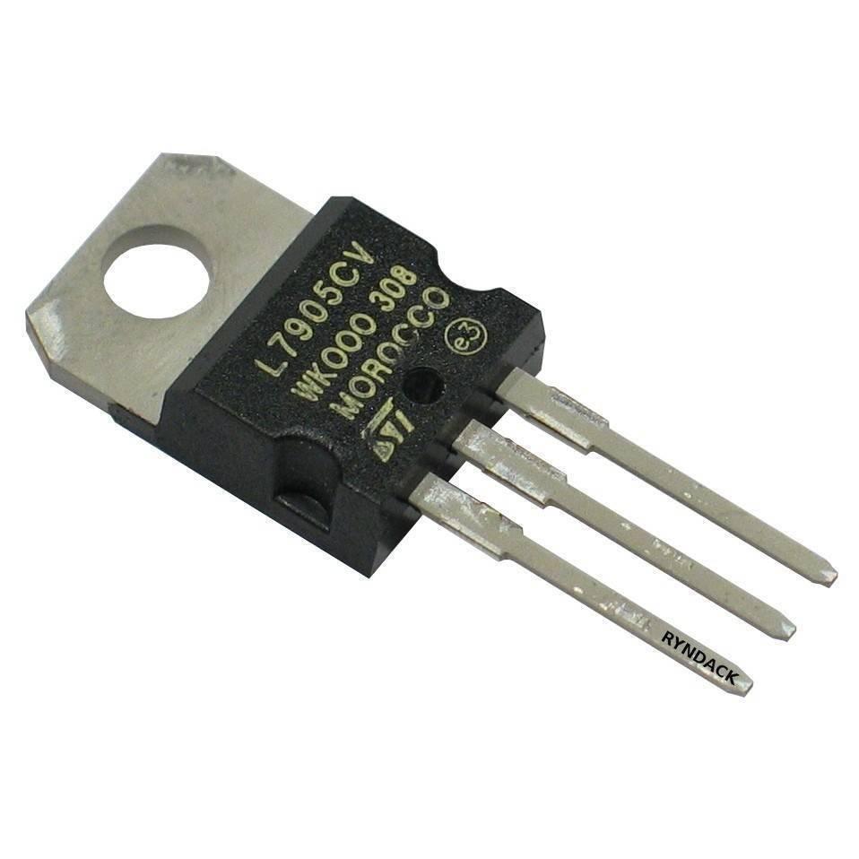 LM7905 Negative Voltage Regulator - shown as a black, three-pin electronic component with a metal mounting tab and printed text on its face.