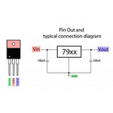 LM7909 Negative Voltage Regulator - shown with a black three-pin component next to a technical pinout and typical connection diagram.