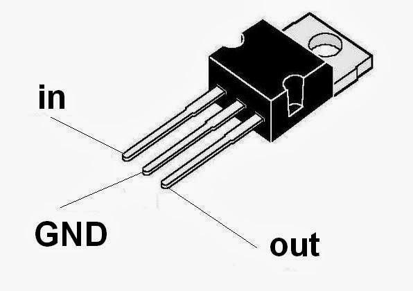 LM7909 Negative Voltage Regulator - shown as a black, three-pin electronic component with labels pointing to the input, ground, and output pins.