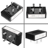 Local Manufactured 100A Amp 1600V Volt Single Phase Diode Bridge Rectifier Metal - shown in four different angles featuring a black metal heatsink and four metal terminals.