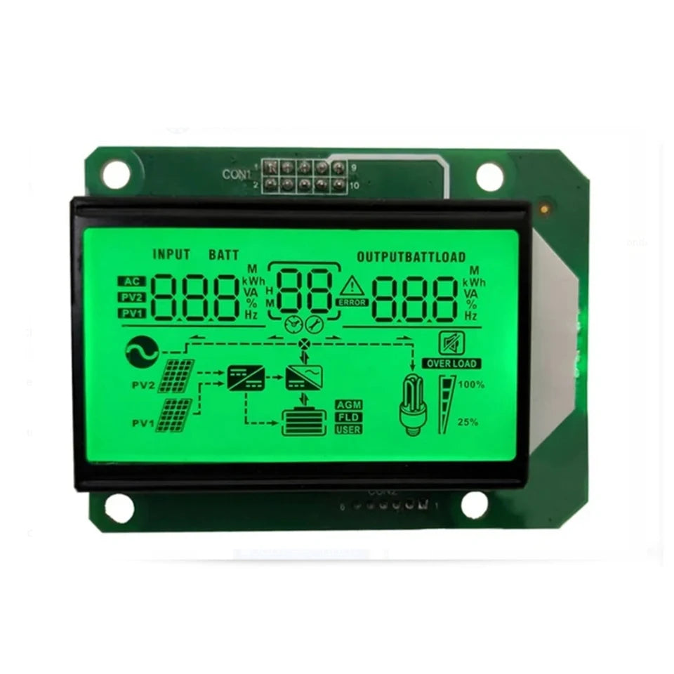 Local Solar Inverter LCD - a rectangular green backlit display module with a printed circuit board and a 10-pin connector labeled CON1 at the top.