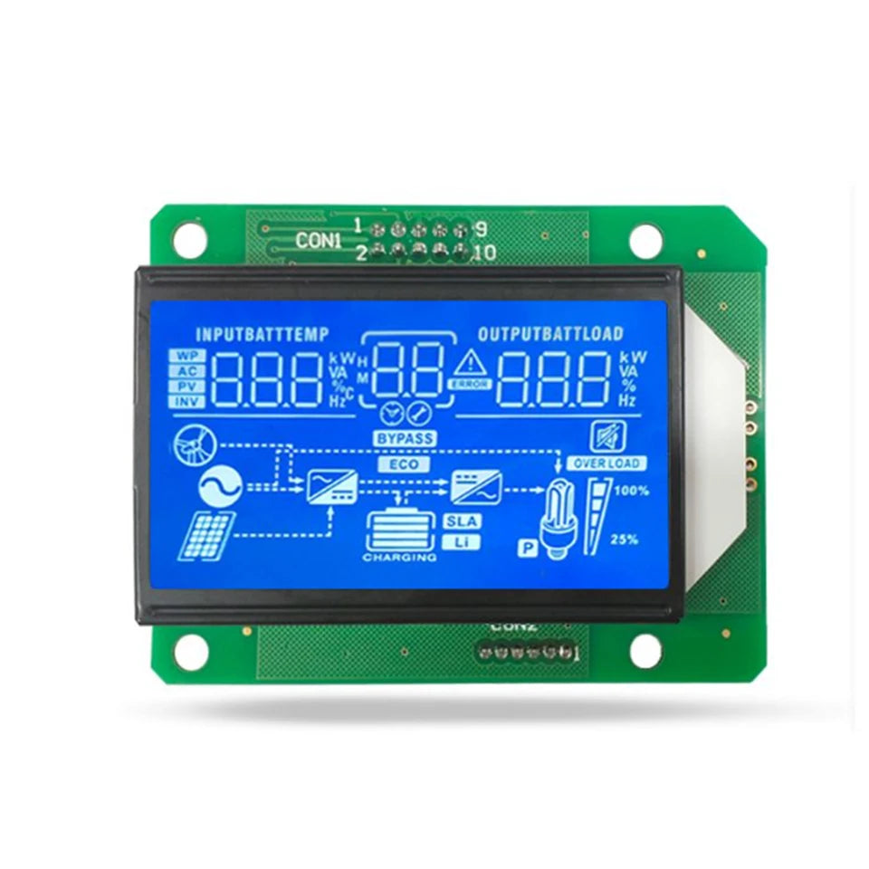 Local Solar Inverter LCD - a rectangular blue digital display screen mounted on a green circuit board with a top 10-pin connector and bottom port.