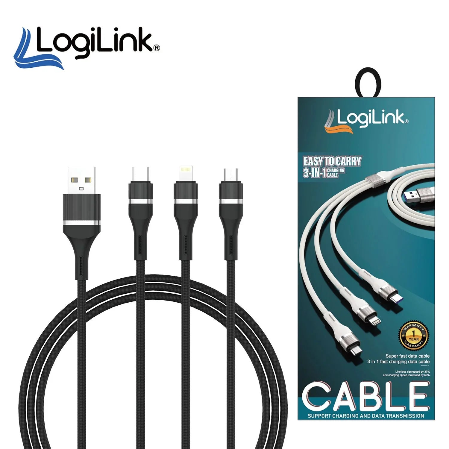 Logilink 3IN1 USB To Micro/type C/iphone Nylon Data Cable 6A Fast Charging 1.2m black - a black braided cable with one USB-A and three output connectors next to its retail packaging box.