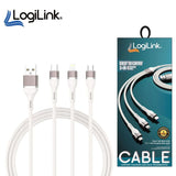 Logilink 3IN1 USB To Micro/type C/iphone Nylon Fast Charging 6A Data Cable 1.2m White - with one USB-A connector and three output connectors, alongside its retail packaging box.