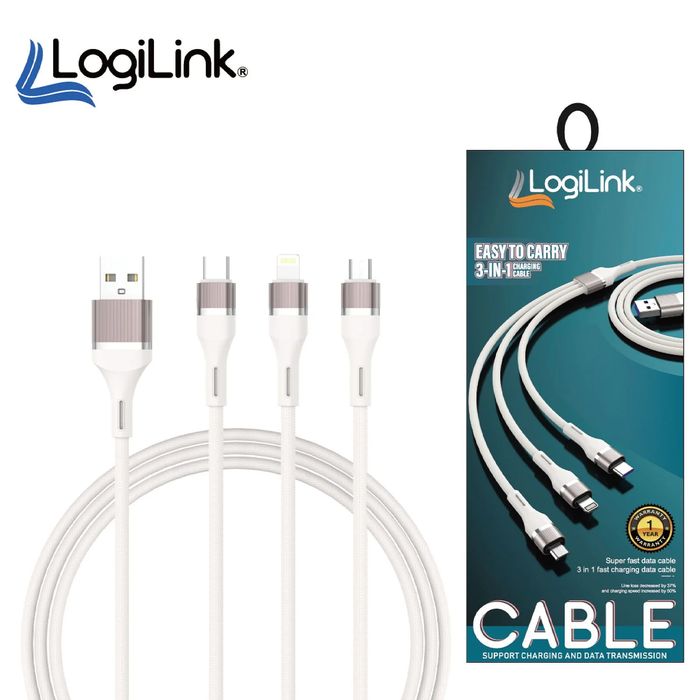 Logilink 3IN1 USB To Micro/type C/iphone Nylon Fast Charging 6A Data Cable 1.2m White - with one USB-A connector and three output connectors, alongside its retail packaging box.
