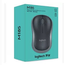 Logitech M185 Wireless Swift Gray Mouse - shown in its teal-coloured retail packaging box, featuring a graphic of the gray mouse on the front.
