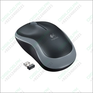 Logitech M185 Wireless Swift Gray Mouse - shown in a top-down angle with its gray and black body, scroll wheel, and the included small USB receiver.