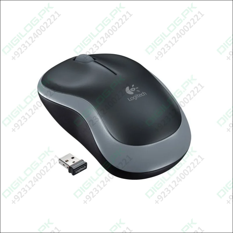 Logitech M185 Wireless Swift Gray Mouse - shown in a top-down angle with its gray and black body, scroll wheel, and the included small USB receiver.