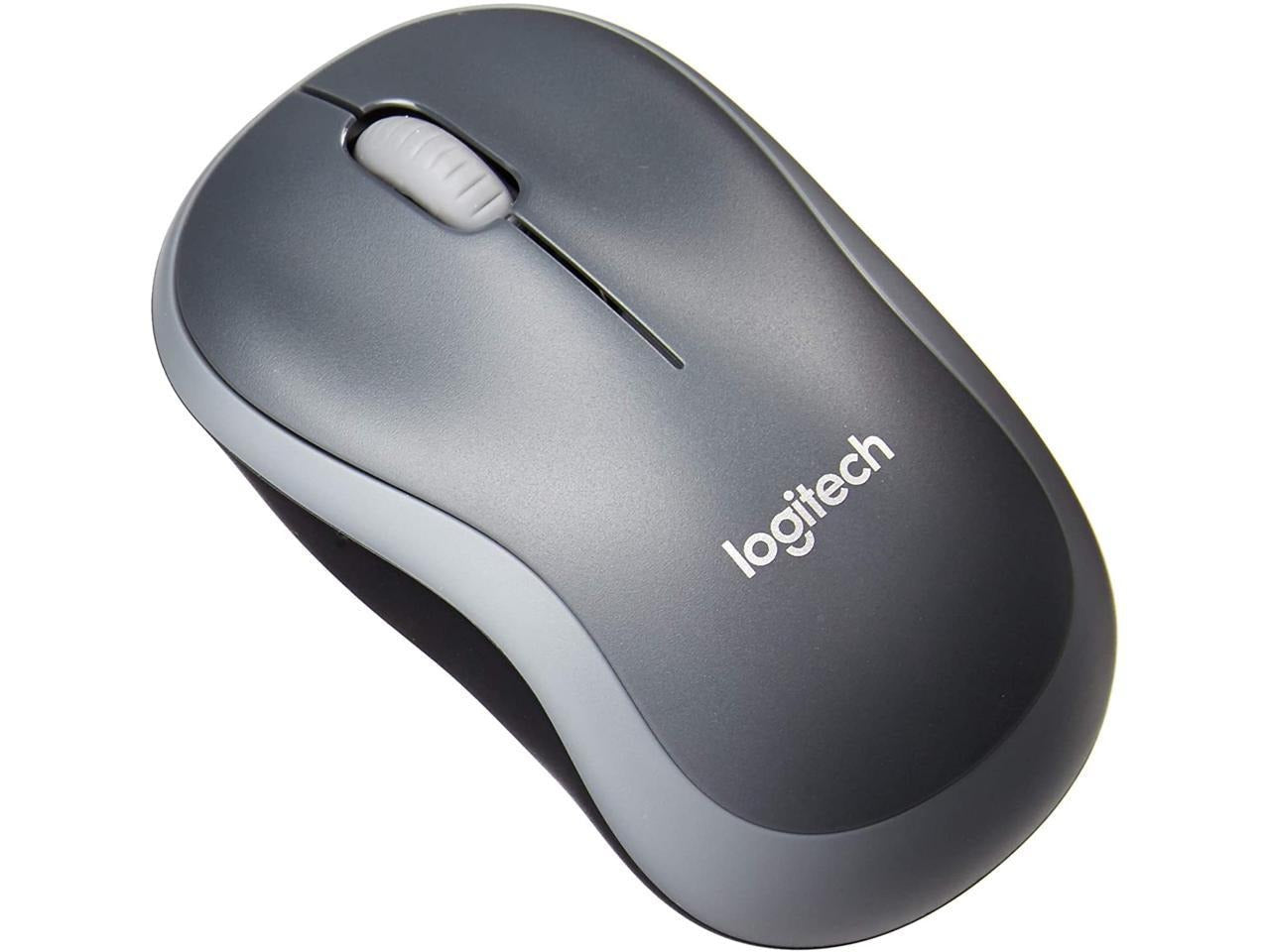 Logitech M185 Wireless Swift Gray Mouse - shown from a top-down angle, featuring a dark gray shell, a light gray scroll wheel, and the Logitech logo.