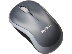 Logitech M185 Wireless Swift Gray Mouse - shown from a top-down angle, featuring a dark gray shell, a light gray scroll wheel, and the Logitech logo.