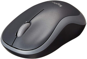 Logitech M185 Wireless Swift Gray Mouse - shown in a top-down angle, featuring a dark gray contoured body with a central gray scroll wheel.