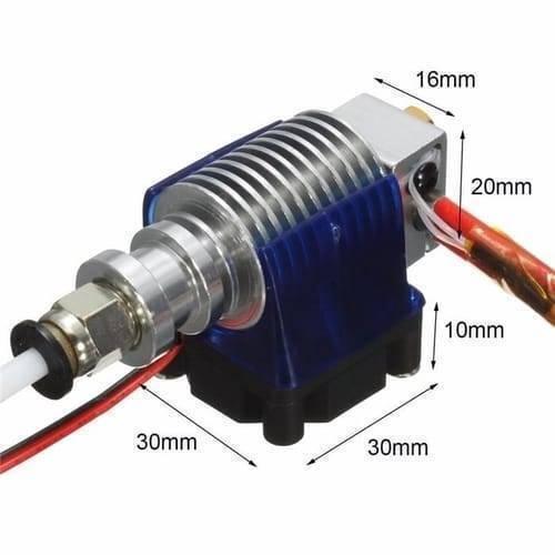 Long Distance 3d V6 j Head All Metal Hotend Bowden Extruder With Cooling Fan - blue cooling fan, metal heatsink, heater block, and dimension labels.