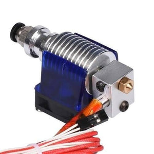 Long Distance 3d V6 j Head All Metal Hotend Bowden Extruder With Cooling Fan - a metallic hotend with a blue fan shroud and attached electrical wires.