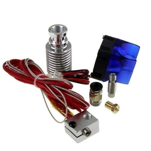Long Distance 3d V6 j Head All Metal Hotend Bowden Extruder With Cooling Fan - shown as a kit with a heatsink, heater block, nozzle, fan, and connectors.