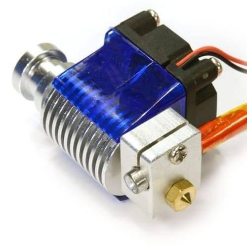 Long Distance 3d V6 j Head All Metal Hotend Bowden Extruder With Cooling Fan - a metallic hotend with a blue fan, a brass nozzle, and orange wiring.