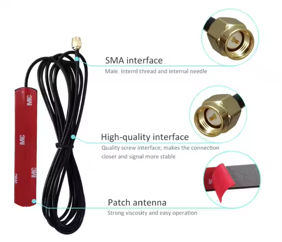 Long-range High-gain 2g GSM Antenna 868MHz 915MHz Patch Antenna - a black cable, adhesive patch antenna, and SMA male connector in close-up views.