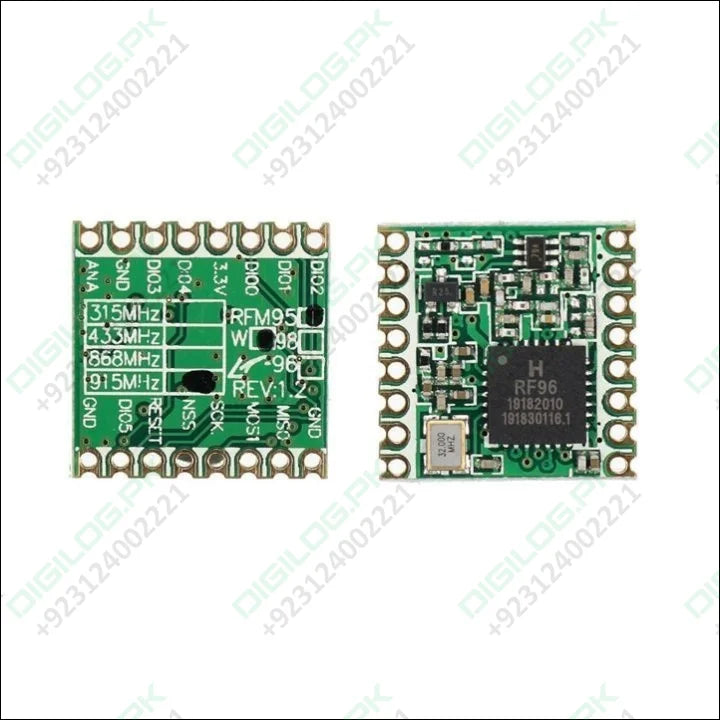 Lora SX1276 Wireless Module – 915MHz, Long Range, Low Power, SPI Interface, IOT & Wireless Communication - the front and back of the green circuit board with pin labels, an integrated chip, and a 32.000 MHz crystal.
