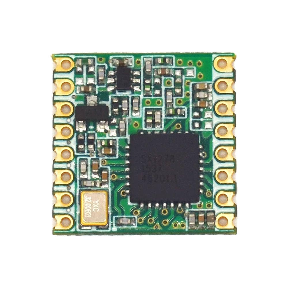Lora SX1276 Wireless Module – 915MHz, Long Range, Low Power, SPI Interface, IOT & Wireless Communication - a square green printed circuit board with a central black integrated circuit chip, a small crystal oscillator, and pins.