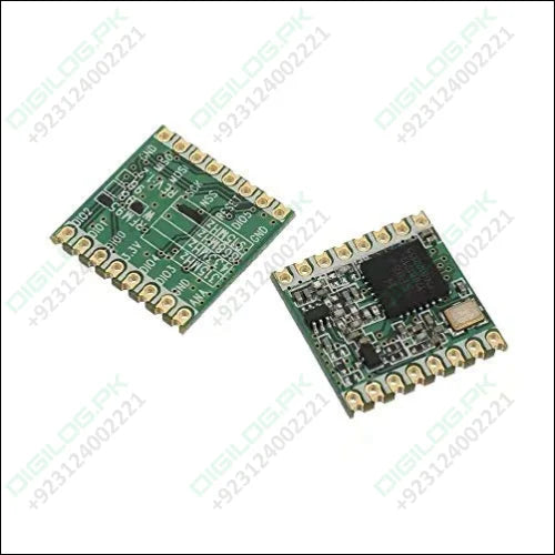 Lora SX1276 Wireless Module – 915MHz, Long Range, Low Power, SPI Interface, IOT & Wireless Communication - two green square circuit boards shown from both the front with a black chip and the back with printed pin labels.