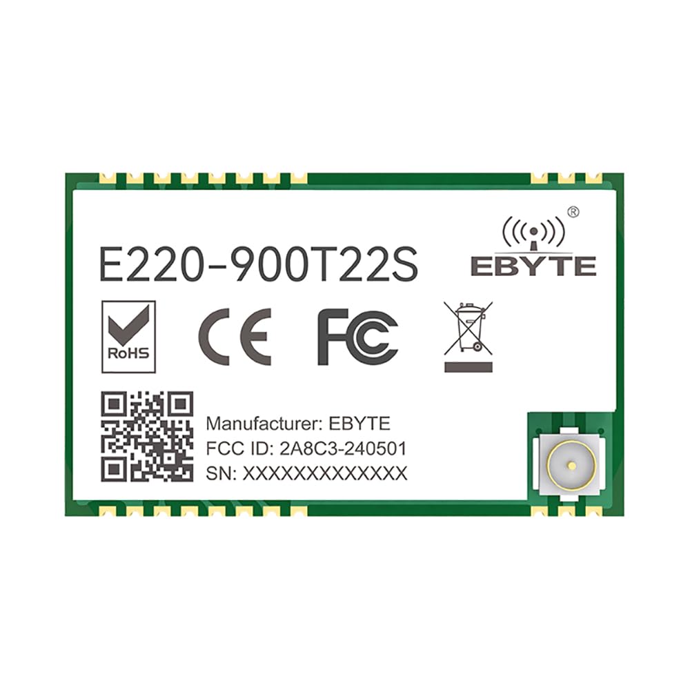 Lora Wireless Serial Port Module 868MHz 915MHz 22DBM Ebyte E220-900T22S 5km Transceiver Transmitter Receiver Long Range Small Size Low Power Consumption - a rectangular green circuit board with a white label, printed text, a QR code, and an antenna connector on the right.